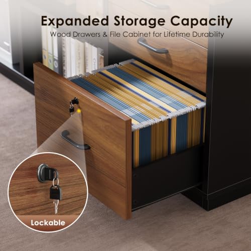 Executive 71 Inch L Shaped Desk with File Cabinet, Walnut+Black, view 6