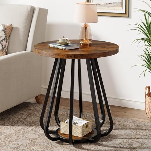 Tribesigns Round End Table with Storage, 2-Tier Side Table with Metal Frame and Lower Shelf, Small Accent Table Nightstand for Living Room, Bedroom, Small Spaces, Vintage Brown & Black