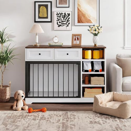 47" Wooden Dog Crate Furniture with Drawers & Open Shelves – Classic Brown, view 3