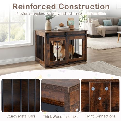 Farmhouse Wooden Dog Crate Furniture with Sliding Barn Door, view 7