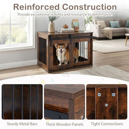 Farmhouse Wooden Dog Crate Furniture with Sliding Barn Door, view 7