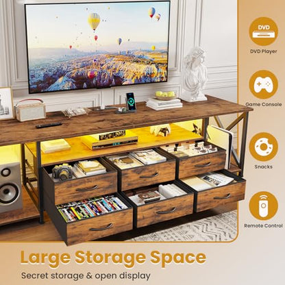 TV Stand with LED Lights & Power Outlets, for TVs up to 85 Inches, 6 Drawers Entertainment Center with Open Storage Shelves, 71" TV Media Console Table for Living Room, Bedroom, Rustic Brown