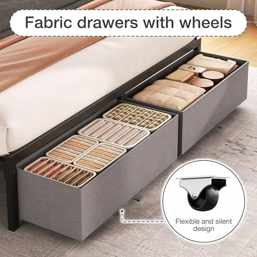 Queen Bed Frame with Storage Drawers and Charging Station, Grey, view 5
