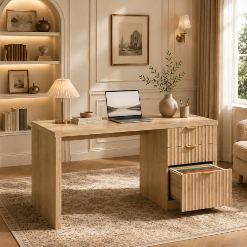 DLisiting Fluted Desk with File Drawers, 47 Inch, Light Natural Oak, view 2