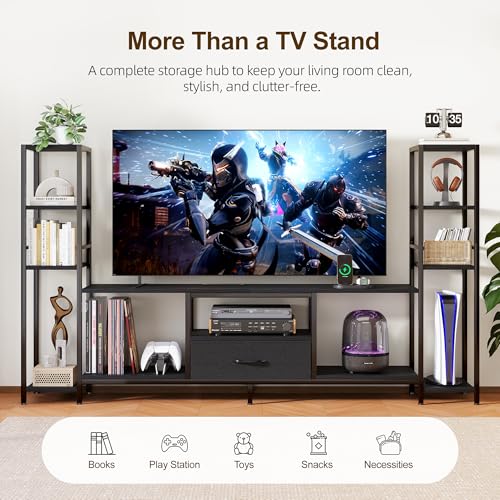 80in TV Stand Up to 65in TV 45in Tall Shelves LED PowerOutlet Black, view 7