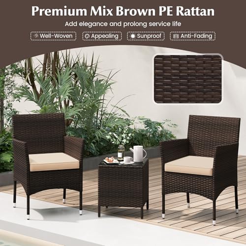 3 Piece Patio Furniture Set, Outdoor Wicker Patio Chairs with Soft Cushions & Tempered Glass Top Table, PE Rattan Bistro Set for Porch, Garden, Balcony (Beige)