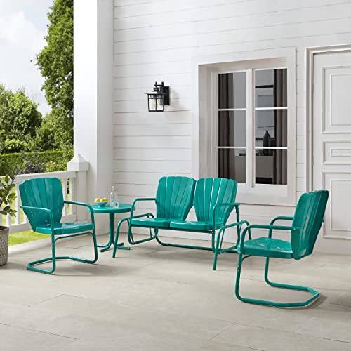 Ridgeland 4-Piece Retro Metal Outdoor Loveseat Glider Patio Furniture Set for Porch, Deck, Turquoise Gloss