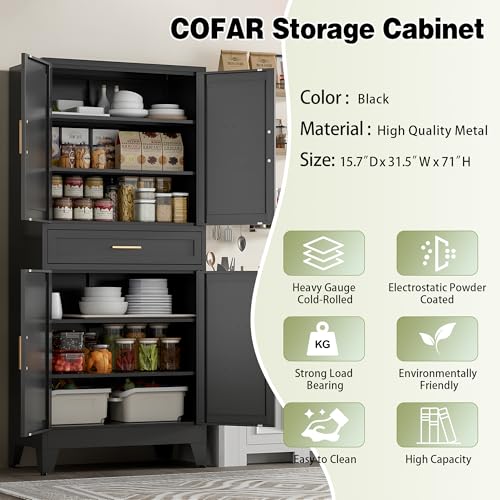 71" Tall Metal Storage Cabinet with 4 Doors and 4 Adjustable Shelves, 6-Tier Farmhouse Storage Cabinet with Drawers and Legs, for Office, Home, Garage, Gym, School, Living Room, Hallway（Black）