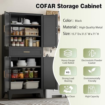 71" Tall Metal Storage Cabinet with 4 Doors and 4 Adjustable Shelves, 6-Tier Farmhouse Storage Cabinet with Drawers and Legs, for Office, Home, Garage, Gym, School, Living Room, Hallway（Black）