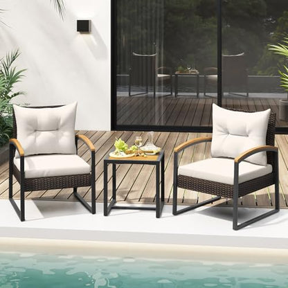 3 Piece Patio Conversation Set, Includes 2 Rattan Chairs and Coffee Table, Solid Acacia Wood Armrests & Tabletop, Outdoor Cushioned Wicker Furniture Set for Backyard, Poolside, Lawn, Garden