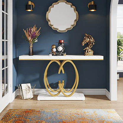 Tribesigns 55 Inch Console Table for Hallway, Faux Marble Gold Entryway Table with Geometric Metal Base, Modern Narrow Sofa Accent Table for Entrance, Living Room, Foyer (White & Gold)