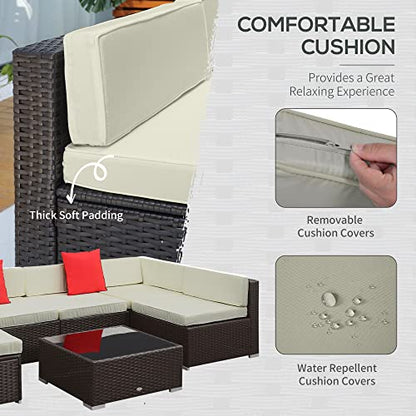 7 Piece Patio Furniture Set, Wicker Outdoor Sectional Sofa Set, All Weather PE Rattan Outdoor Furniture Conversation Sets with Cushions, Glass Top Coffee Table, Pillows, Cream White