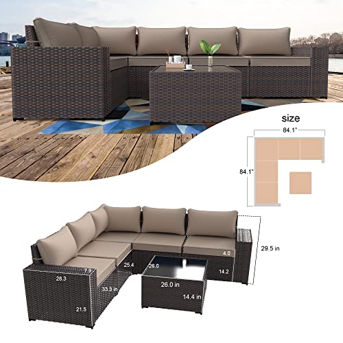 Outdoor Patio Furniture Set 6 Pieces Sectional Rattan Sofa Set Brown PE Rattan Wicker Patio Conversation Set with 5 Seat Cushions and 1 Tempered Glass Table,Sand