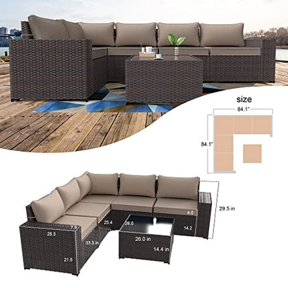 Outdoor Patio Furniture Set 6 Pieces Sectional Rattan Sofa Set Brown PE Rattan Wicker Patio Conversation Set with 5 Seat Cushions and 1 Tempered Glass Table,Sand