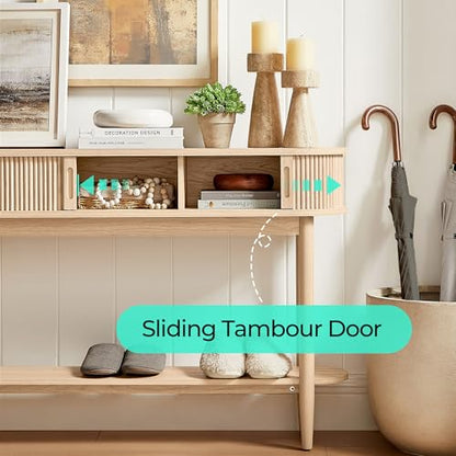 Fluted Console Table, Mid-Century Modern Entryway Cabinet with Sliding Tambour Doors, Narrow Long Sofa Table, Behind-The-Couch Table for Living Room, Hallway (Light Oak)