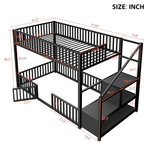 JIVOIT Twin Size Bunk Bed with Storage Ladder, Metal Low Bunk Bed, Metal Slats (Black/ 102)