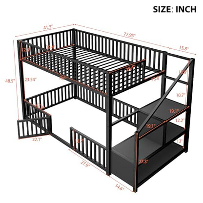 JIVOIT Twin Size Bunk Bed with Storage Ladder, Metal Low Bunk Bed, Metal Slats (Black/ 102)