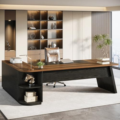 Tribesigns 79-Inch Executive Desk, Large Office Desk with Cabinet, L-Shaped Compter Desk with Storage Shelves, Writing Table for Home Office, Brown and Black