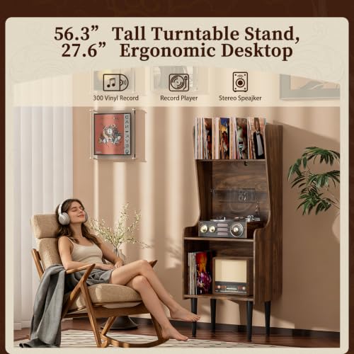 Record Player Stand with Storage, Tall Vinyl Record Storage Cabinet, view 3