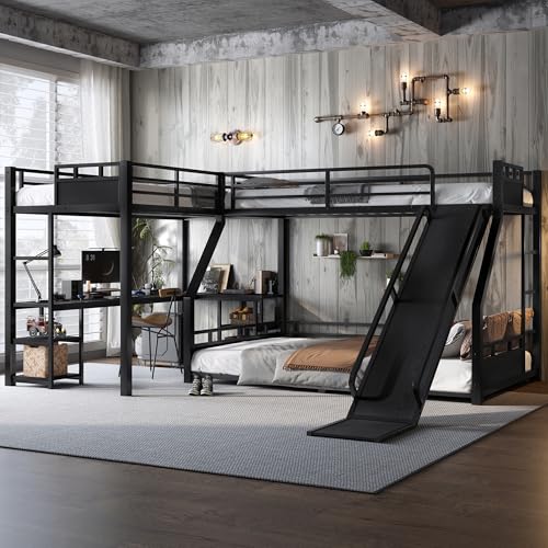 JIVOIT Triple Bunk Bed with Slide & Desk, Storage Shelves, L-Shaped Metal Bunk Bed with Loft Bed, Space-Saving Twin XL Over Queen Metal Triple Bed, Quiet Design, No Box Spring Required