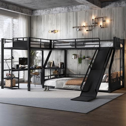 JIVOIT Triple Bunk Bed with Slide & Desk, Storage Shelves, L-Shaped Metal Bunk Bed with Loft Bed, Space-Saving Twin XL Over Queen Metal Triple Bed, Quiet Design, No Box Spring Required