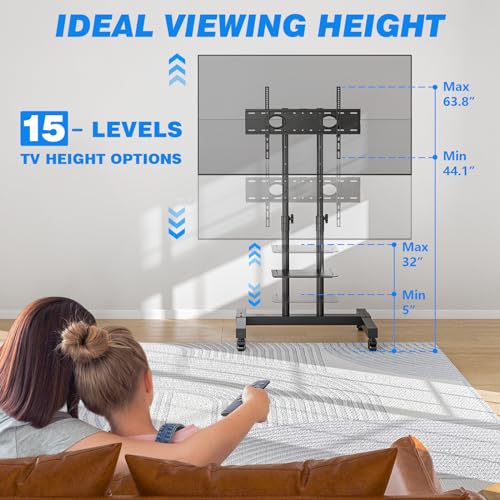 Mobile TV Cart Rolling TV Stand for 32-83 Inch Screens up to 110lbs, Portable TV Stand on Wheels with Height Adjustable Shelf, Outdoor TV Stands Mount for Home Office MAX VESA 600x400mm, Black