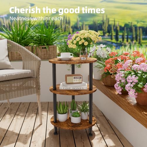 Side Table Living Room, Small Round End Table, 3 Tiers Accent Table for Small Spaces, Rustic Brown