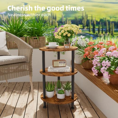 Side Table Living Room, Small Round End Table, 3 Tiers Accent Table for Small Spaces, Rustic Brown
