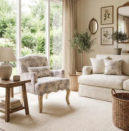Floral Accent Chairs Farmhouse Upholstered Armchair Linen Reading Chair Mid Century Modern Single Sofa Chair with Pillow for Bedroom/Living Room/Fireplace, Beige, 1PC