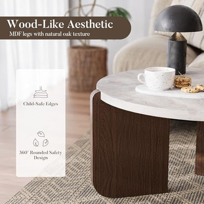 31.5" Round Coffee Table, Faux Marble Tabletop with Walnut Wood Grain Legs, Modern Minimalist Center Table for Living Room, Waterproof & Easy Assembly, Off-White
