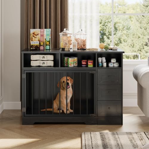 48'' Dog Crate Furniture with Bowl, Medium Dog Cage, Black, view 7