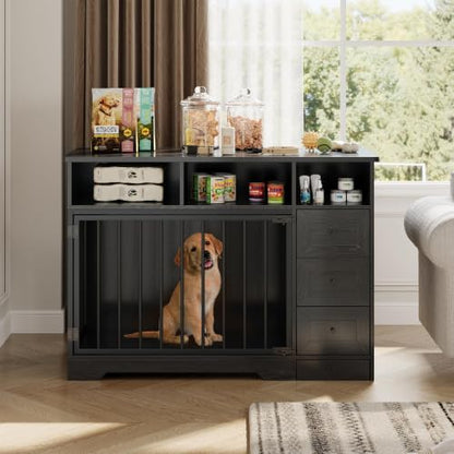 48'' Dog Crate Furniture with Bowl, Medium Dog Cage, Black, view 7