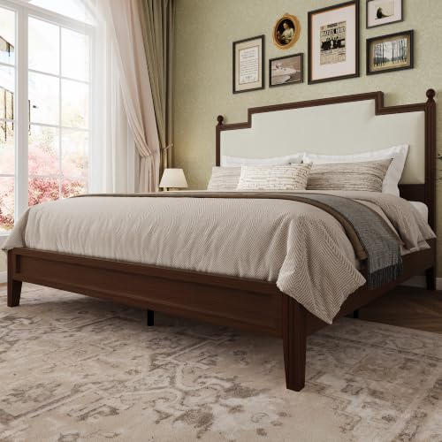 King Size Bed Frame with 50.2" Tall Upholstered Headboard, Walnut, view 2