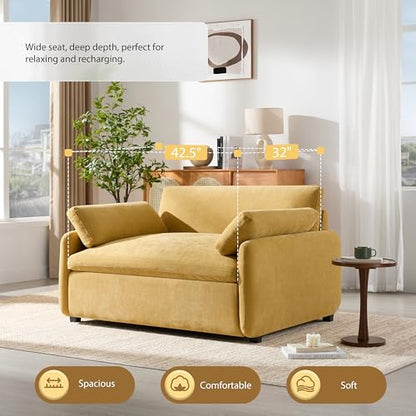 JIVOIT 50 * 43" Oversized Single Sofa Chair, Modern Chenille Upholstered Armchair, Wide and Deep Seat Accent Chair with Two Throw Pillows, Color Blocking Couch Lounge for Living Room (Yellow/5)