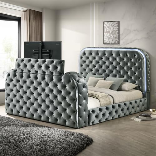 Wood Platform Bed with Tufted Headboard and Footboard in Gray, view 2