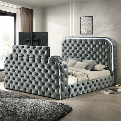 Wood Platform Bed with Tufted Headboard and Footboard in Gray, view 2