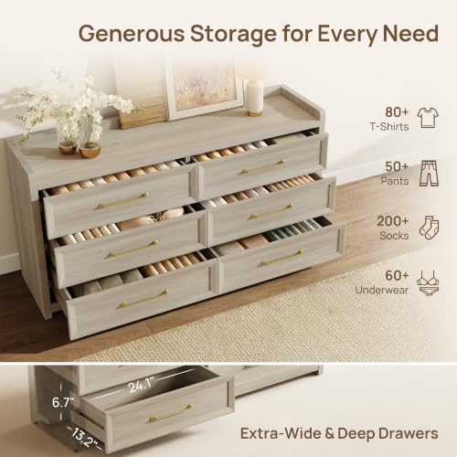 6 Drawer Dresser for Bedroom-56.4" Extra-Wide Wood Chest of Drawers, view 6