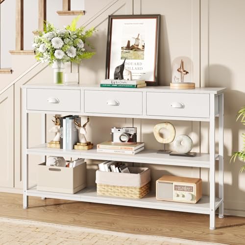 White Long 47" Console Sofa Table with 3 Drawers, Entryway Table with 3-Tier Storage Shelves, Display Shelf for Entry Way, Hallway, Couch, Living Room, Kitchen, Foyer