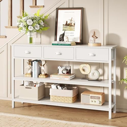 White Long 47" Console Sofa Table with 3 Drawers, Entryway Table with 3-Tier Storage Shelves, Display Shelf for Entry Way, Hallway, Couch, Living Room, Kitchen, Foyer