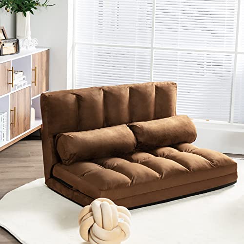 Foldable Floor Sofa, 6-Position Adjustable Lounge Couch with 2 Pillows & Suede Cloth Cover, Modern Lounge Mattress Video Gaming Lazy Couch, Suede Floor Seating Sofa, 71" x 44.5", Beige