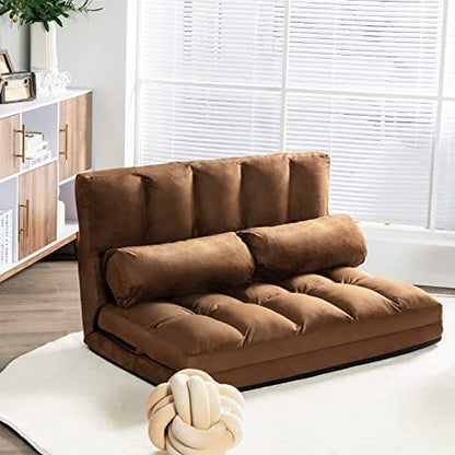 Foldable Floor Sofa, 6-Position Adjustable Lounge Couch with 2 Pillows & Suede Cloth Cover, Modern Lounge Mattress Video Gaming Lazy Couch, Suede Floor Seating Sofa, 71" x 44.5", Beige