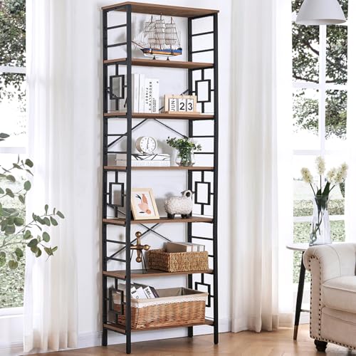 Tall Bookshelf, 84 Inch Industrial Bookshelf with Metal Frame and Open Shelves, 7 Tier Metal Bookshelves and Bookcases, Rustic Tall Book Shelf for Office, Living Room and Bedroom, Brown