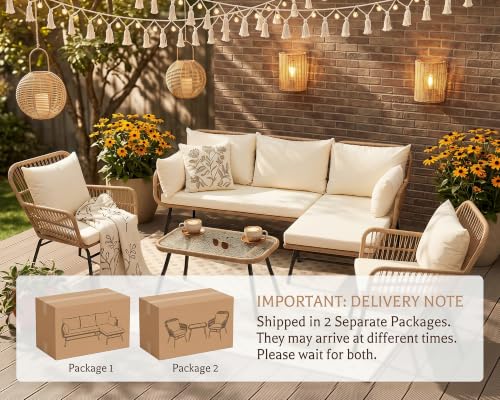 5Pcs Boho Outdoor Patio Furniture Set, High Back L-Shaped Outdoor Couch with Side Table, 500lbs Sturdy Comfy Wicker Sectional Sofa for Garden Balcony Deck Porch or Backyard, Beige