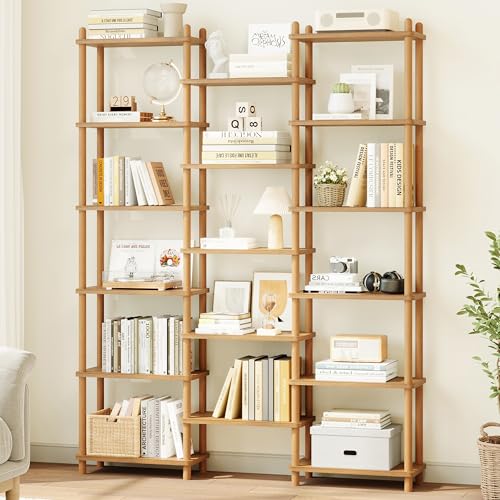IOTXY Wooden Triple Wide Bookshelf - 6-Tier Large Shelf Bookcase with Solid Beech Frame, Tall Freestanding Open Etagere Display Rack for Home Office, Oak