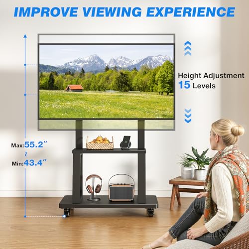 Mobile TV Cart Rolling TV Stand for 37-75 inch TVs Up to 150lbs, Heavy-Duty Portable TV Stand on Wheels with 2-Tier Wooden Storage Shelves, Height Adjustable, Max VESA 600x400mm, Black