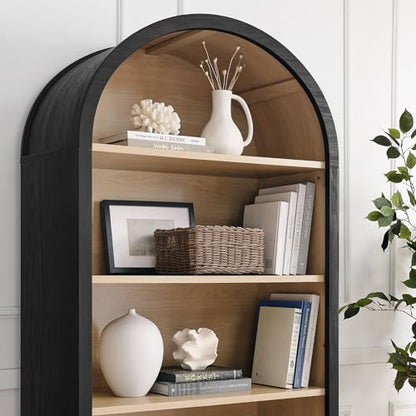 Evie Modern Arched Wide Bookcase in Black, 76 Inch Open Shelf Display Cabinet, view 6