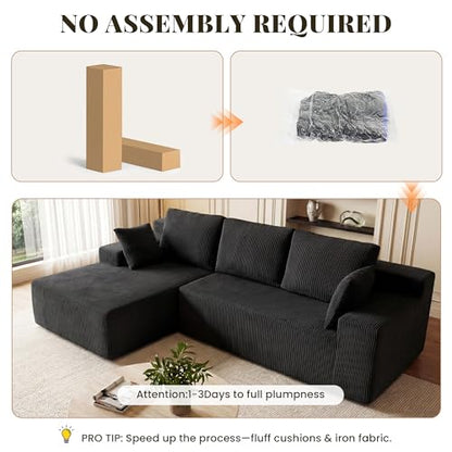 Cloud Sectional Boneless Couches for Living Room, Modular L Shaped Couch with Deep Seat Oversized Left Facing Chaise, Memory Foam Compressed Spineless 3 Seater Sofa for Apartment, Black