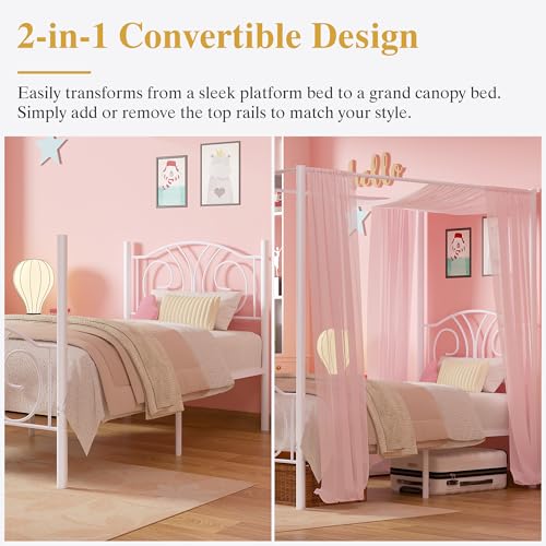 Twin Canopy Bed Frame, Vintage Scrollwork Headboard, Pure White, view 7