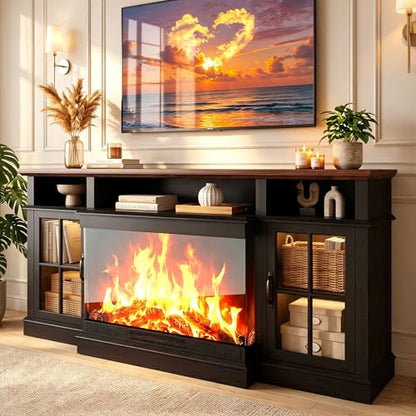 70" Fireplace TV Stand,Modern Entertainment Center,Black, view 2
