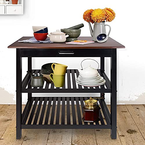 3 Tier Rolling Kitchen cart Kitchen Island with Solid American Hardwood top cart with Storage Drawer Shelves 40’inch Width Wood top 3-Tier Kitchen prep Island with Drawer